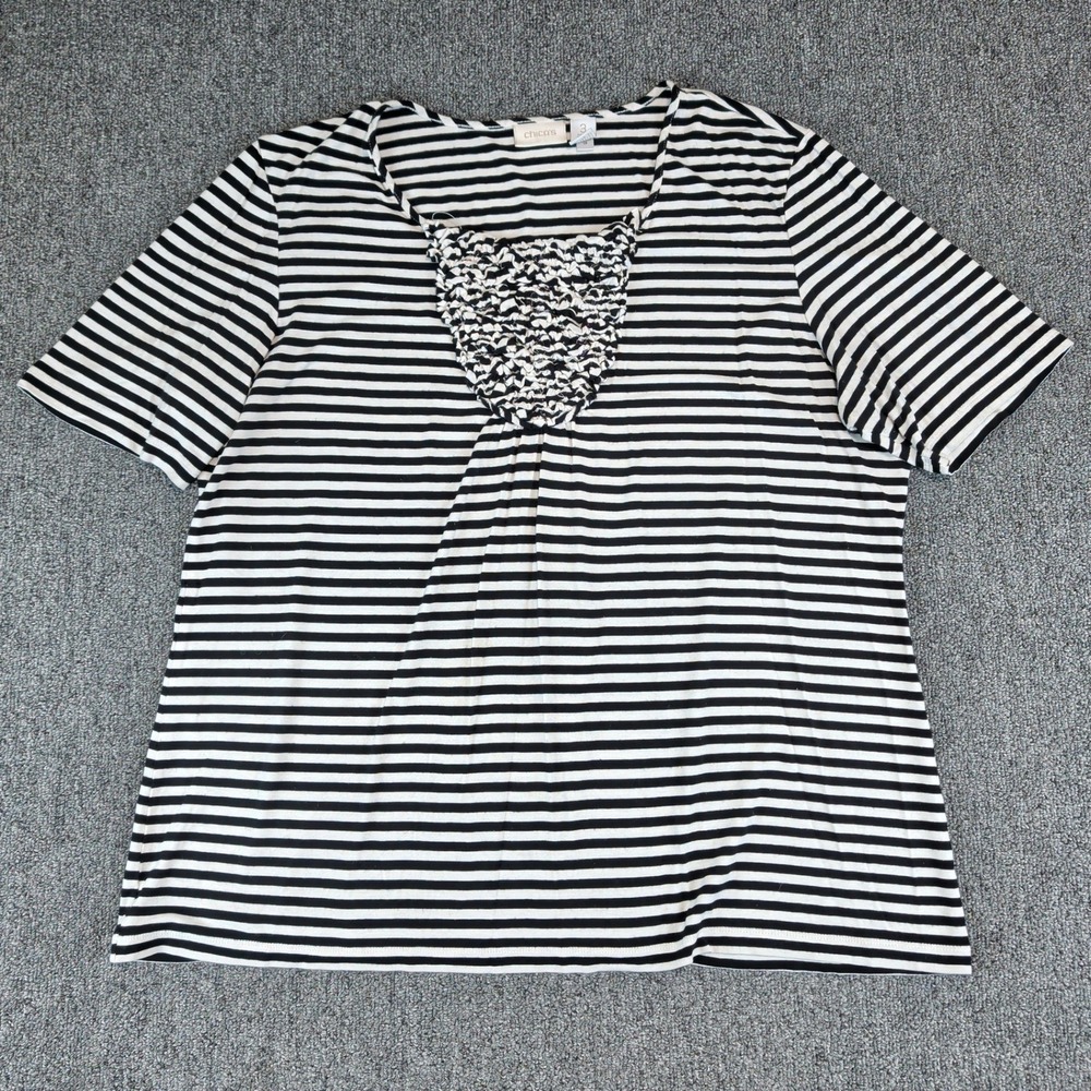 Chico's Coastal Casual Striped Smocked‎ Bib Monochrome Top Women 3XL Black White